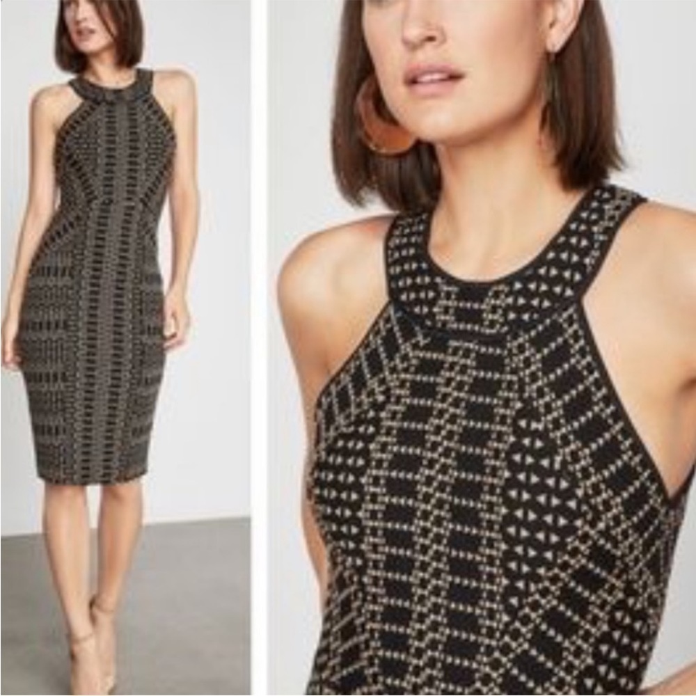 BCBGMaxAzria Bodycon Pyramid Jacquard Sheath Dress XS Black and Tan